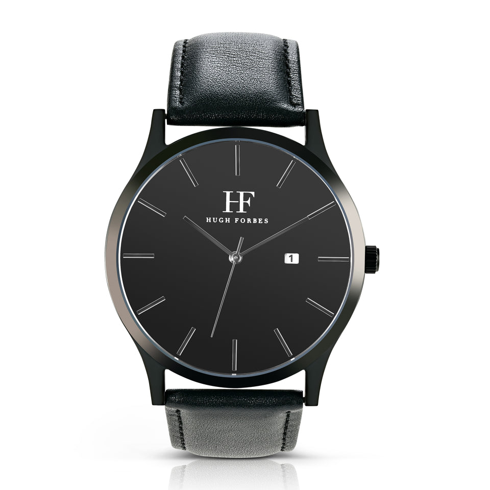 Black Stainless Steel Watch with Black Dial and Black leather band