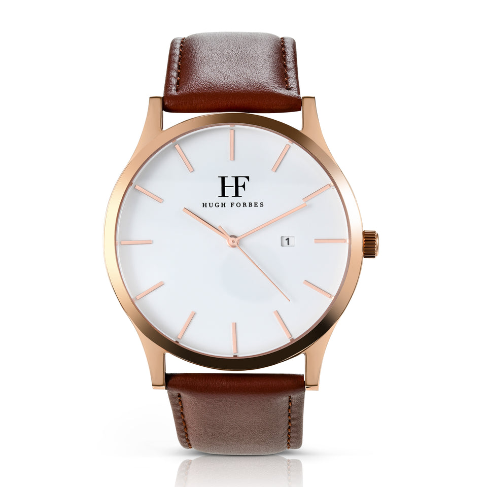 Rose Gold Watch with Brown Leather band and White Dial