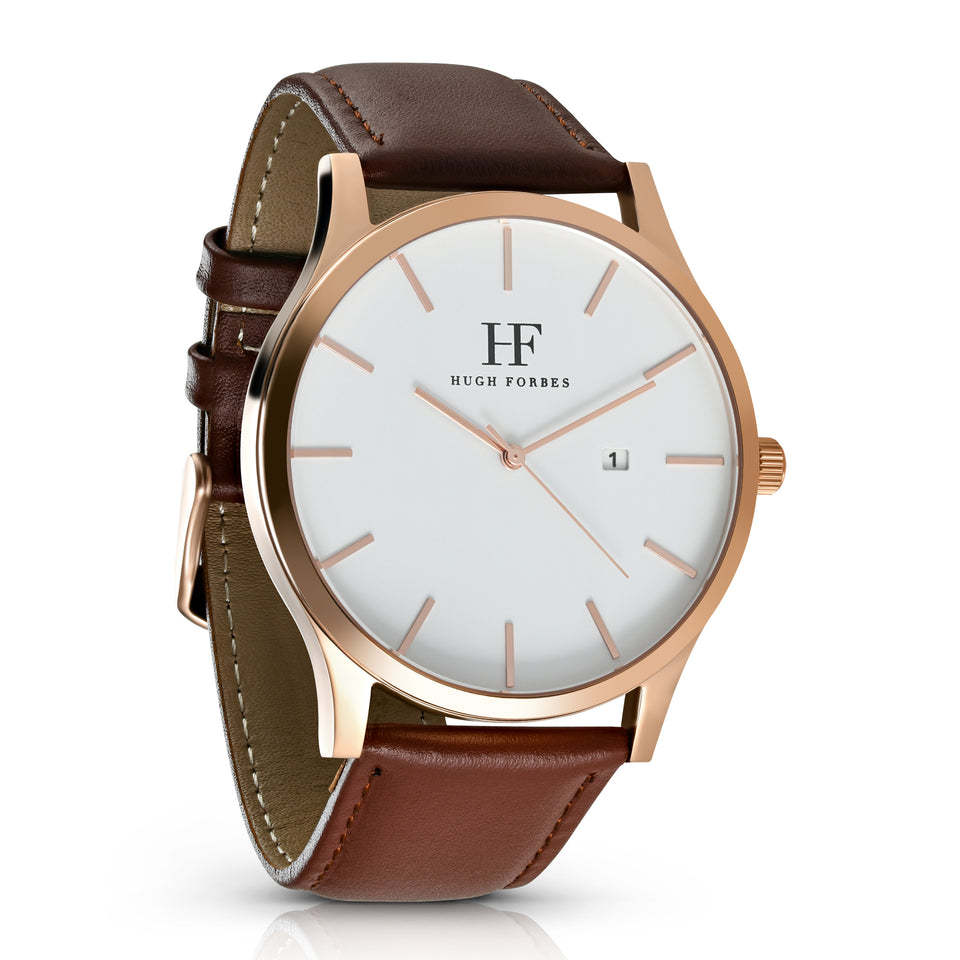 Rose Gold Watch with Brown Leather band and White Dial