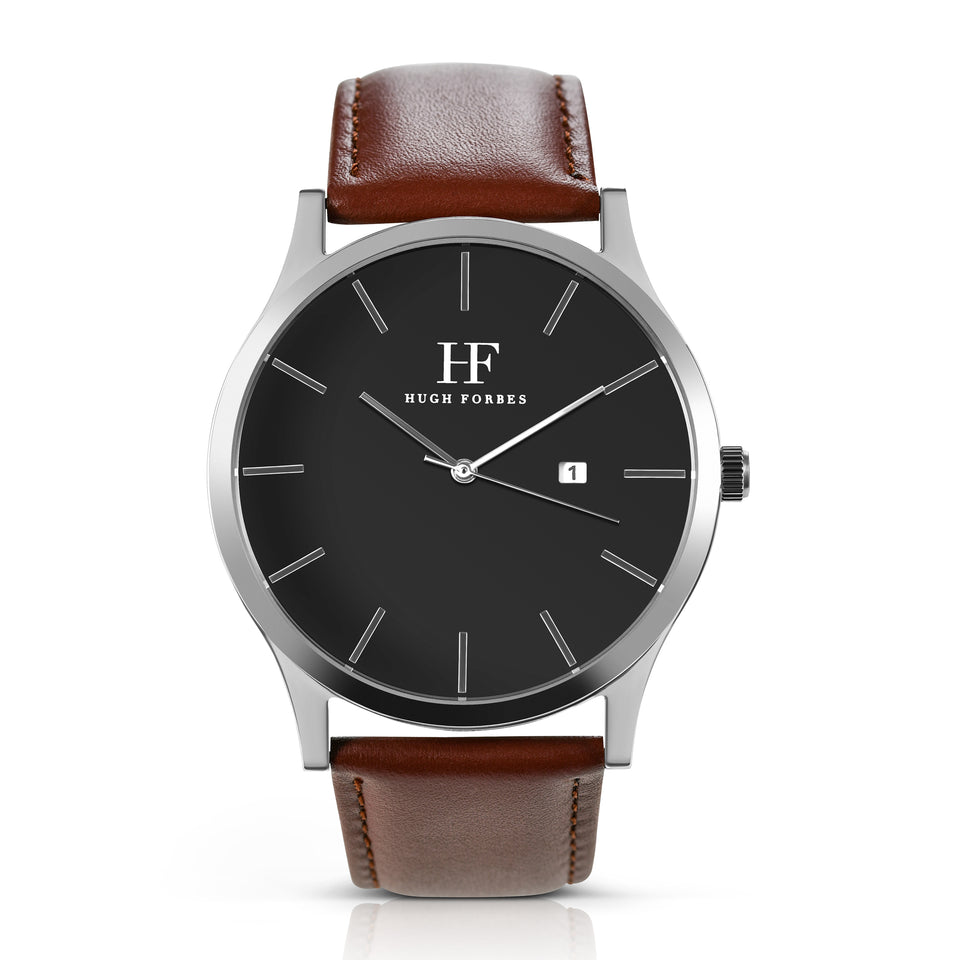 Silver Watch with Black Dial and Brown Leather Band