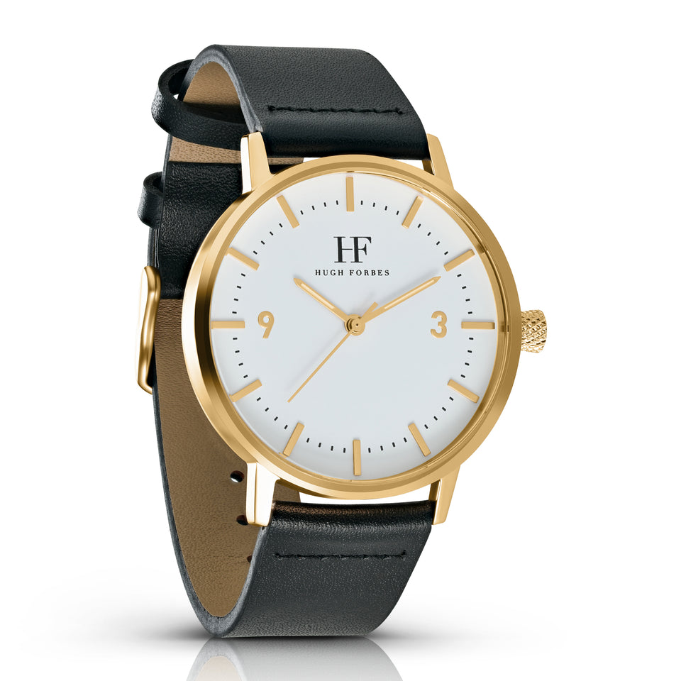 Rose Gold Watch with White Dial and Black Leather Band