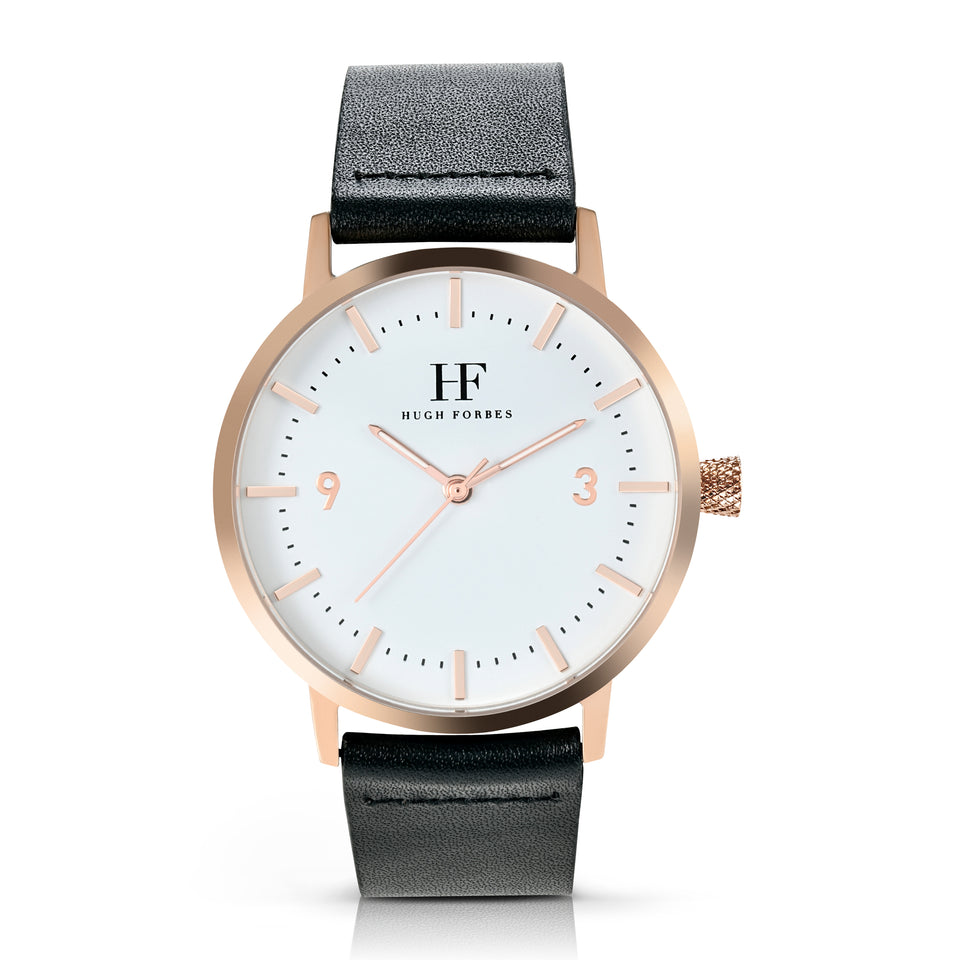 Rose Gold Watch with White dial and Black Leather Band