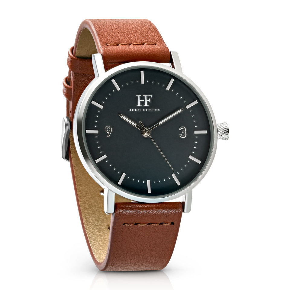 Silver Watch with Black Dial and Tan Leather Band