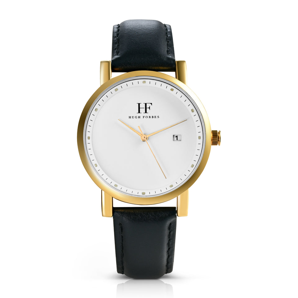 Gold Watch with White Dial and Black Leather Band