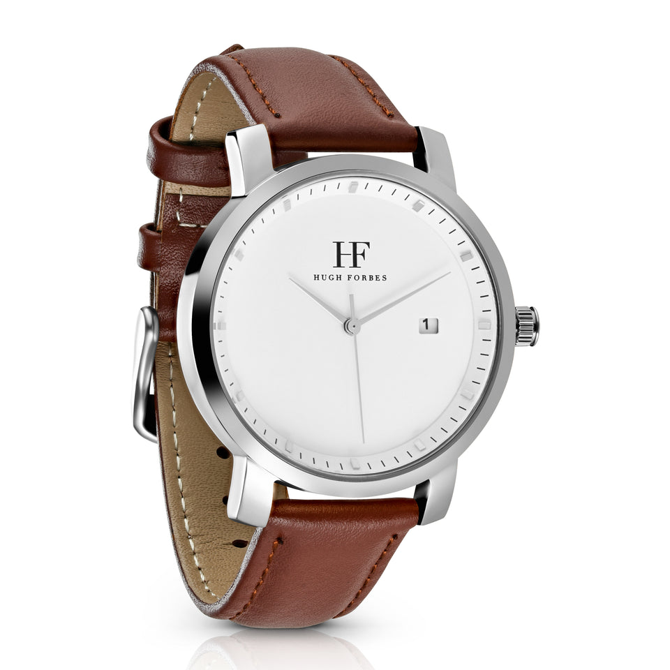 Silver Watch with white dial and Brown leather band